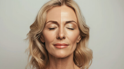 Fototapeta premium close-up of a woman's face showing a comparison between youthful skin on one side and aged skin with wrinkles on the other, against a neutral background