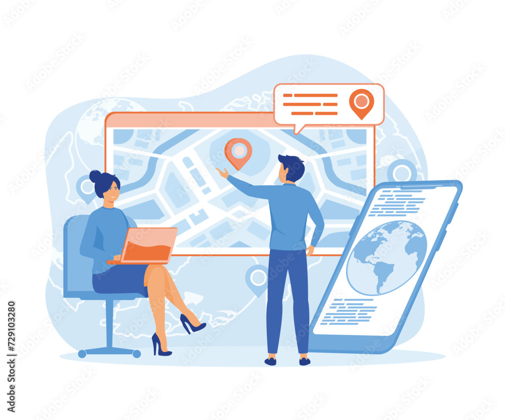 Poster gps navigation concept in flat style. man uses gps navigator scene. navigate mapping technology, car