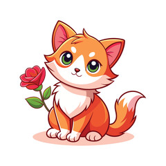 Kitten with Rose Valentine. Cute Cat with Rose on White Background. Kitty Cat Card.