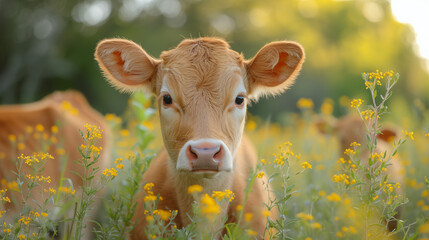 Calf in a field of yellow flowers. Close-up.