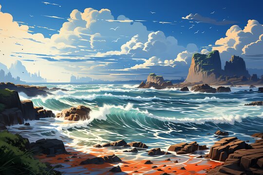 An anime cliffside view of the ocean