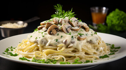 Creamy mushroom pasta on table in modern kitchen with free copy space, italian cuisine concept