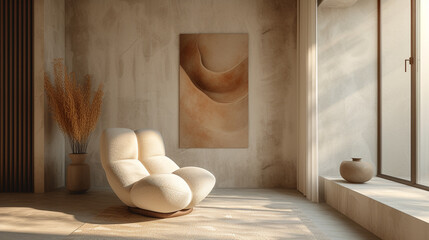 A serene corner featuring a sculptural chair, soft lighting, and a single piece of abstract art. 
