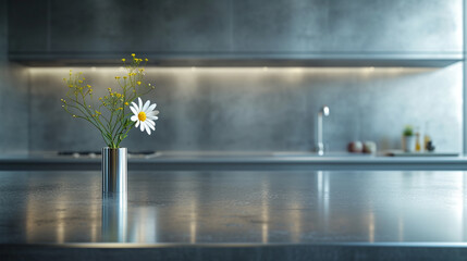 A sleek kitchen with stainless steel countertops and a solitary vase holding a single flower. 