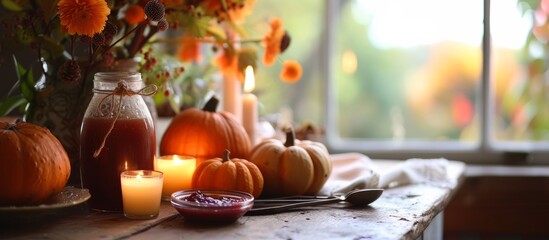 Thanksgiving table adorned with pumpkins, candles, and a thoughtful jar of jam. - obrazy, fototapety, plakaty