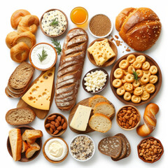 A varied breakfast with various types of bread, cheeses and spreads, on a white background, for background, poster, print, designer postcard, banner, flyer