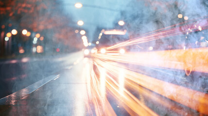highway, speed blurred car background, tracks from the headlights, urban rhythm city nightlife, twilight traffic on the road - 729105211
