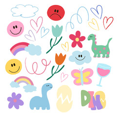 Hand drawn crayon icons of dinosaur, happy faces, doodles, flowers, butterfly, cloud, rainbow, butterfly for animal, stickers, spring, summer, decoration, happy emoji, kids, toddler, cute patches, toy