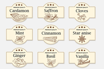 Vector set of label with different spices. Line art. Food illustration for menus, packaging and other culinary projects.