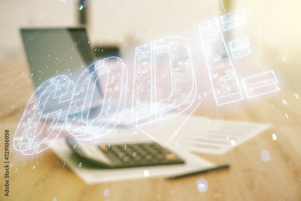 Poster code word hologram on blurry calculator with laptop background, artificial intelligence and neural n