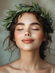 Beauty and nature combined. Studio shot of a beautiful young woman wearing a head wreath with eyes closed, Generative AI