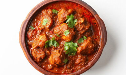 Fototapeta na wymiar Indian Easter vindaloo, spicy and flavorful dish, top view, on a white background, food photo. Easter celebration concept and festive products