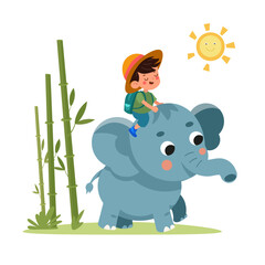 Naklejka premium Cute stylised cartoon boy riding an elephant. Nature and plants of Asia. Bamboo forest. Vector flat isolated illustration on white background for design.