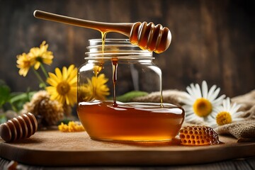 honey in a jar and dipper - obrazy, fototapety, plakaty