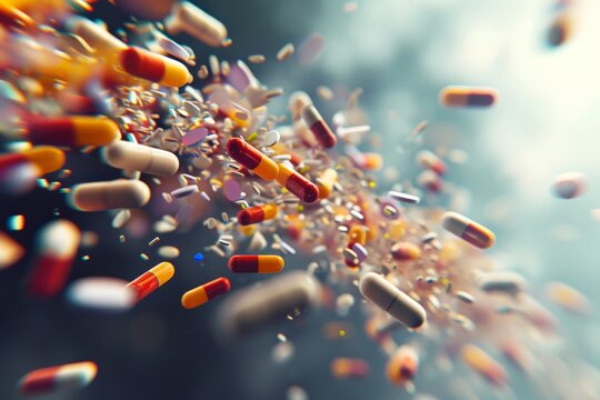 Medicine pharmaceuticals Wallpaper, healthy pills and capsules ailments. Health and cure illnesses. Risk of explosion, drugs carefully prescribed and isolated. White tablets pain relief painkillers.