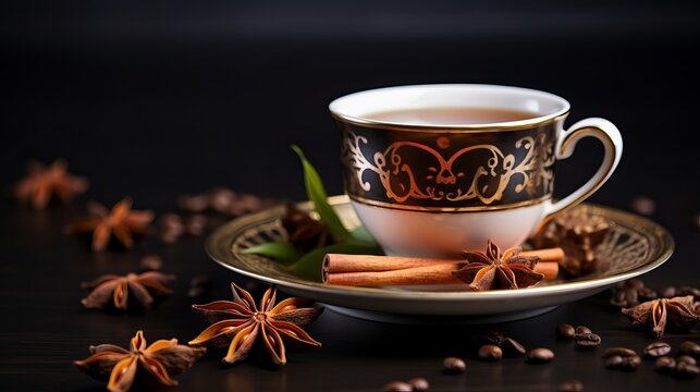 Traditional indian masala chai tea with milk and spices in a cup on a modern kitchen table