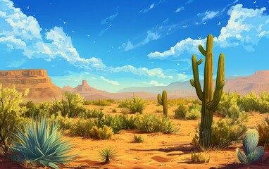 Vibrant desert landscape with towering red rock formations, cacti, and a clear blue sky with wispy clouds.