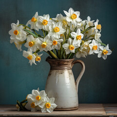 Bunch of narcissus flowers in a jug