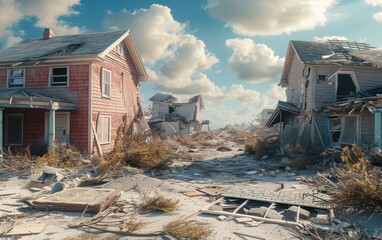 The devastating aftermath of a hurricane, with houses reduced to ruins, symbolizing the destructive power of nature.