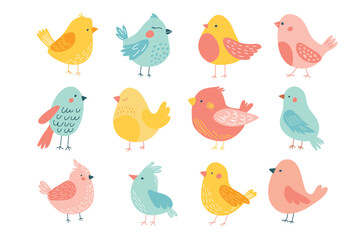 Set of color handdrawn cute birds in flat style on a white background. Spring set.