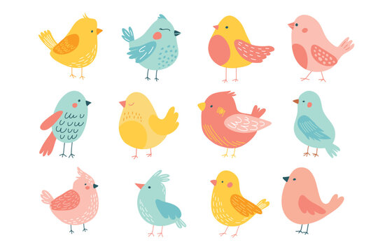 Set of color handdrawn cute birds in flat style on a white background. Spring set.