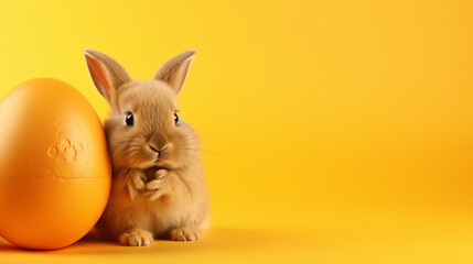 Fototapeta na wymiar Bunny embracing yellow Easter egg