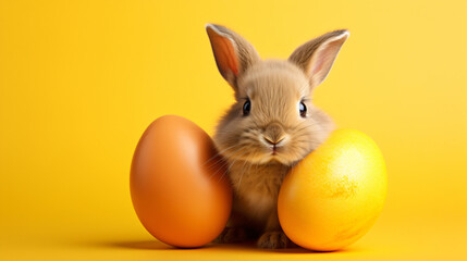Fototapeta na wymiar Bunny embracing yellow Easter egg