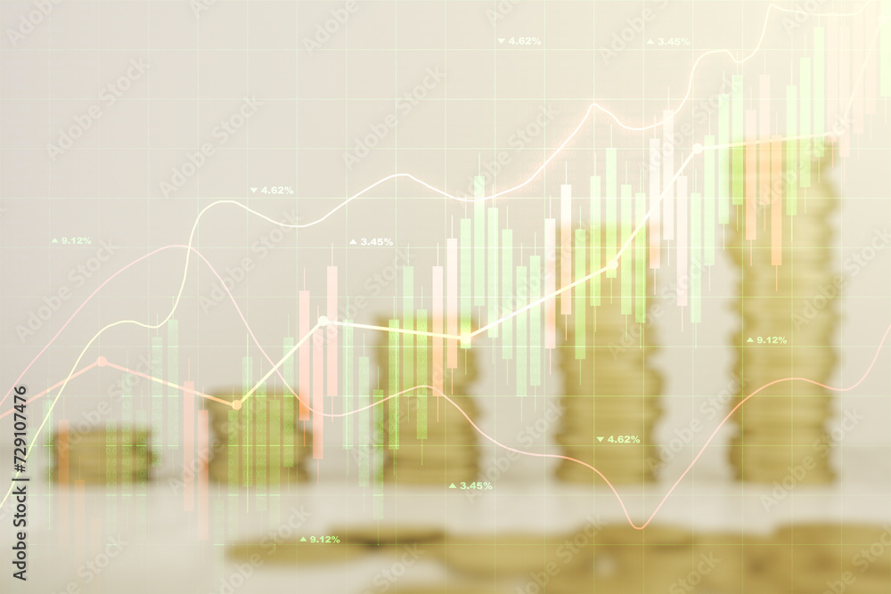 Poster multi exposure of virtual abstract financial graph interface on coins background, financial and trad