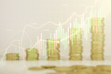 Multi exposure of virtual abstract financial graph interface on coins background, financial and trading concept