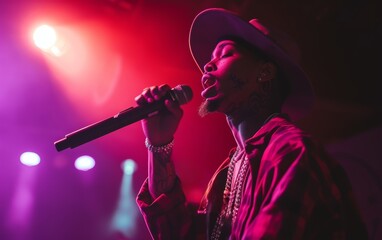 A dynamic rapper delivers a powerful performance on stage, illuminated by vibrant neon lights, captivating the audience with his rhythmic flow.