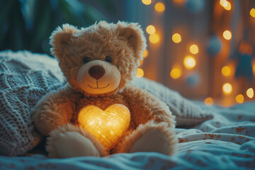 Teddy Bear Holding Glowing Heart at Night.
A soft, cuddly teddy bear clutching a heart-shaped light against a bokeh light background.