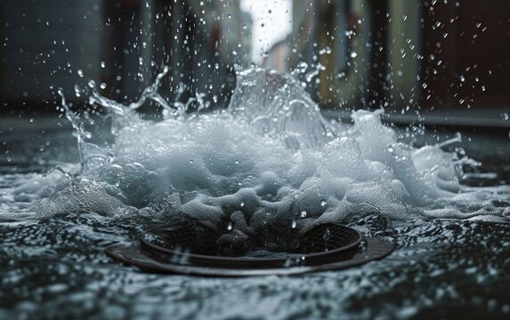 Rainwater flows into a gutter on an asphalt road, showcasing the city's drainage system at work.