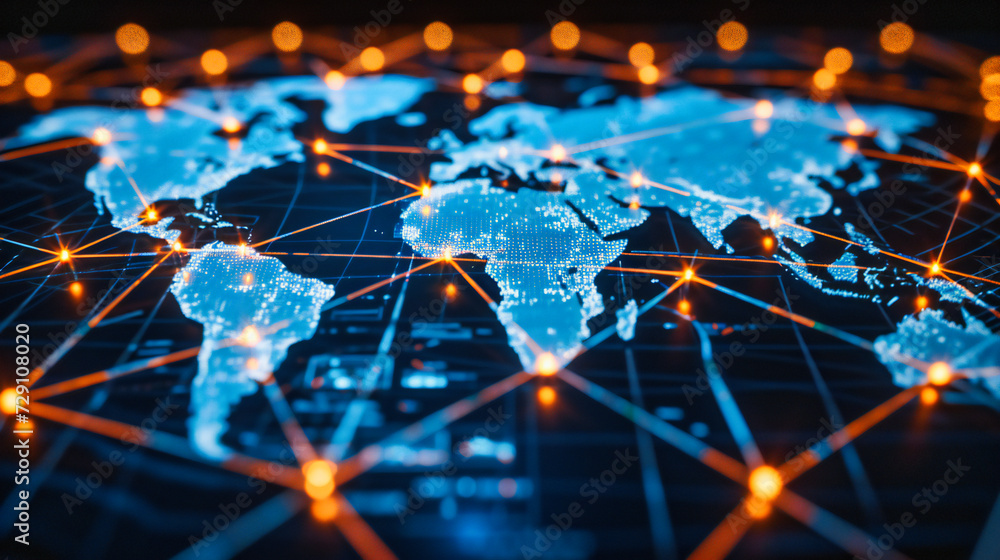 Poster global business and networking concept, with digital connections and a world map background, symboli