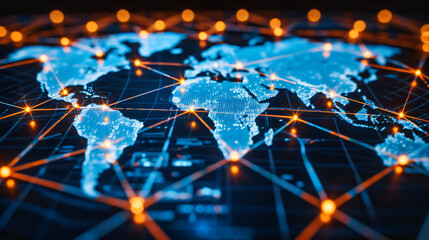 Global business and networking concept, with digital connections and a world map background, symbolizing international communication and data transfer