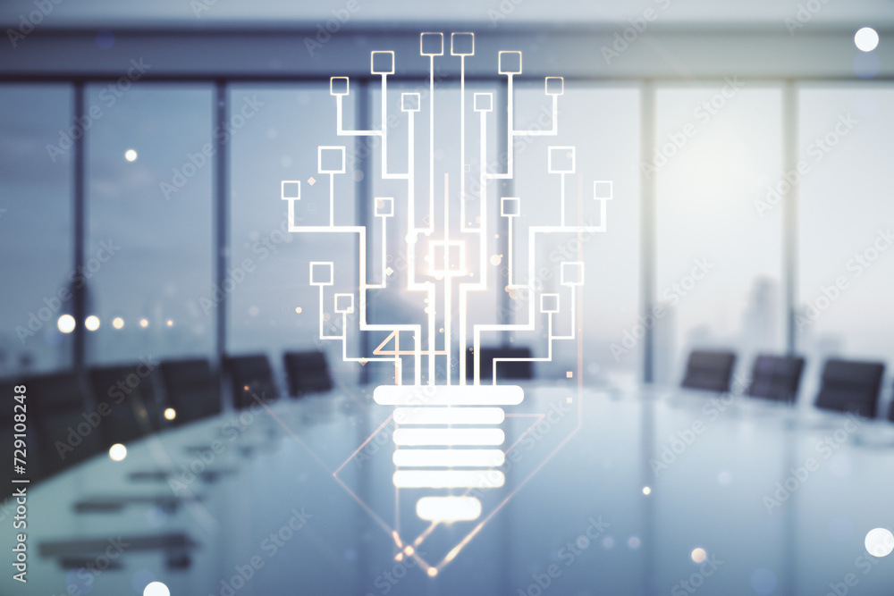 Poster virtual creative light bulb with chip hologram on a modern boardroom background, artificial intellig