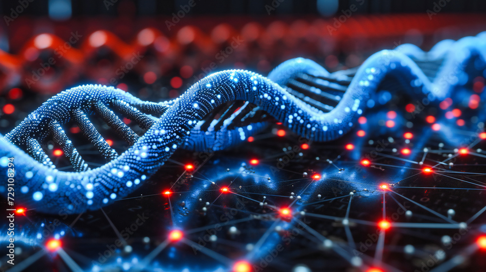 Poster intricate digital science abstract, featuring a network structure with blue waves and futuristic gri