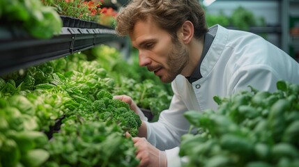 In this infographic, a male bioengineer examines crops on a modern vertical farm. He grows organic food or plants in a high-tech greenhouse while using his tablet computer to analyze the data.