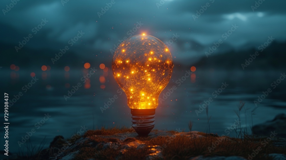 Poster the lightbulb is a polygonal mesh art with crumbled edges against a blue night sky with stars and do