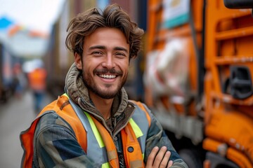 Smiling Worker in Orange Vest and Safety Jacket Generative AI - obrazy, fototapety, plakaty