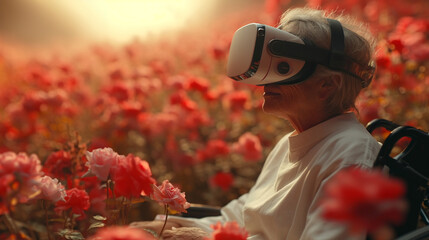 VRで花畑を楽しむおばあさん