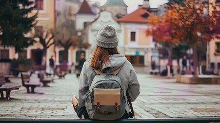 Woman traveler with a backpack sitting, marveling at the city's landmarks. Exploration, adventure, and sightseeing in a cityscape