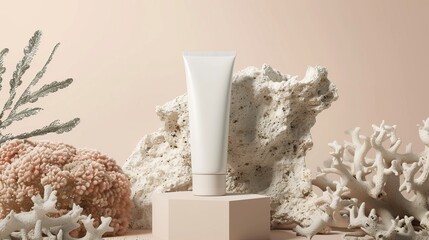Composition from natural materials and cosmetic tube. Can be used as advertising banner. Pastel colors. Mockup concept.
