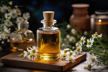 Obraz na płótnie Canvas Glass bottle of essential oil with fresh chamomile flowers for beauty treatment and spa concept