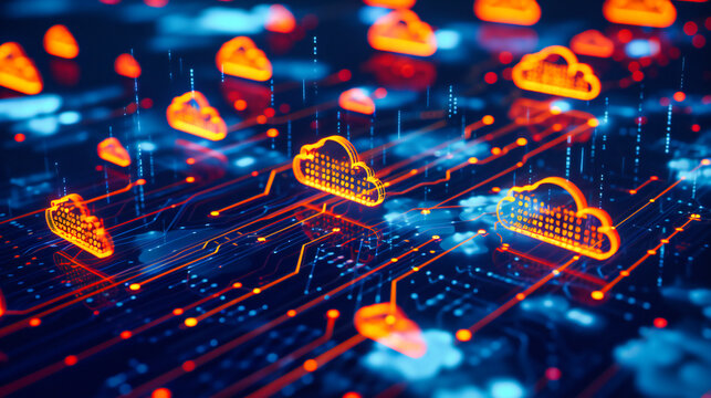 Digital cloud computing concept with a focus on technology and networking, symbolized by blue cybernetic elements and icons representing server connectivity and data security
