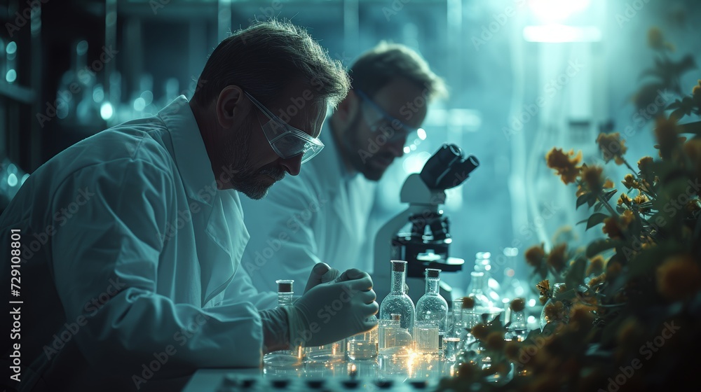 Poster two scientists examine chemicals in a flask and discuss problems. a modern medical research laborato