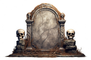 Tombstone with skull isolated on white background
