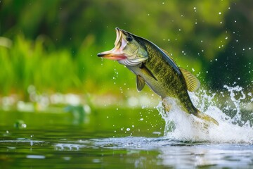 Largemouth bass jumping out of the water - obrazy, fototapety, plakaty