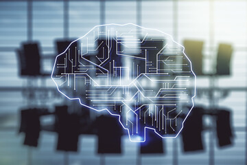Virtual creative artificial Intelligence hologram with human brain sketch on a modern conference room background. Multiexposure