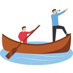 Linear Flat Businessmen in a rowing boat, two rowers, and one captain vector illustration. Leadership in business concept.