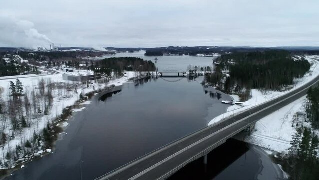 Flying Over Two Bridges In A Winter Landscape